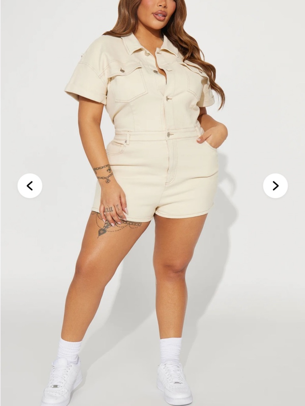 Fashion Nova Cream Short Sleeve Denim Romper